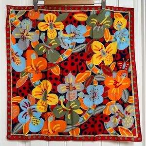 Vintage Ken Done Tropical Print 24” by 24” Polyester Scarf (orange, navy, blue)